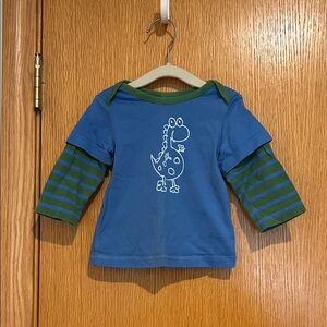 Hanna Andersson Blue Tee with Green Striped Layered Sleeves and Dino Graphic